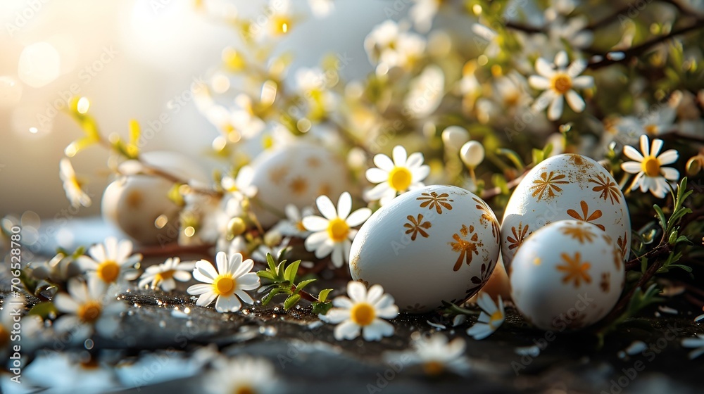 Easter eggs on table with flowers on the grass Easter eggs on table with flowers on the grass