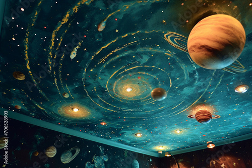 A ceiling with a hand-painted solar system, complete with planets and glowing stars, in a playroom