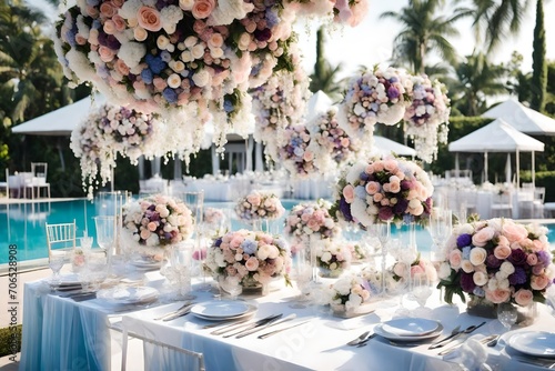 Intimate outdoor wedding dinner with family and friends featuring a romantic poolside stage and modern decorations in pale blue white pink and purple complemented by flower accents