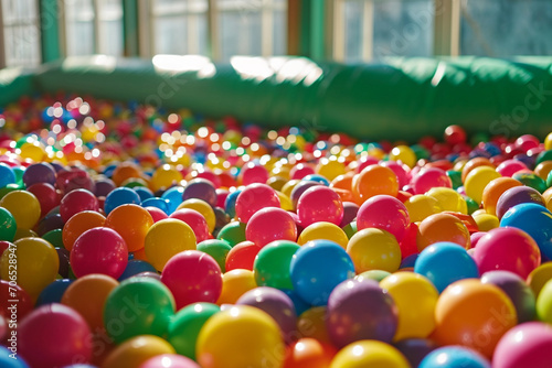A brightly colored ball pit in a corner of the playroom, with multi-colored plastic balls photo