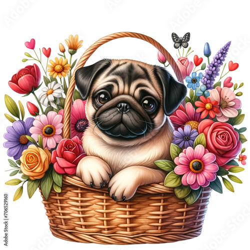 cute watercolor dog in flowers basket