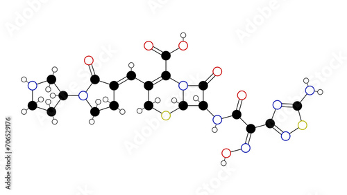 ceftobiprole molecule, structural chemical formula, ball-and-stick model, isolated image fifth-generation cephalosporin photo