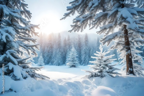 Snowfall in winter forest.Beautiful landscape with snow covered fir trees and snowdrifts.Merry Christmas and happy New Year greeting background with copy-space.Winter fairytale.  © Hassan