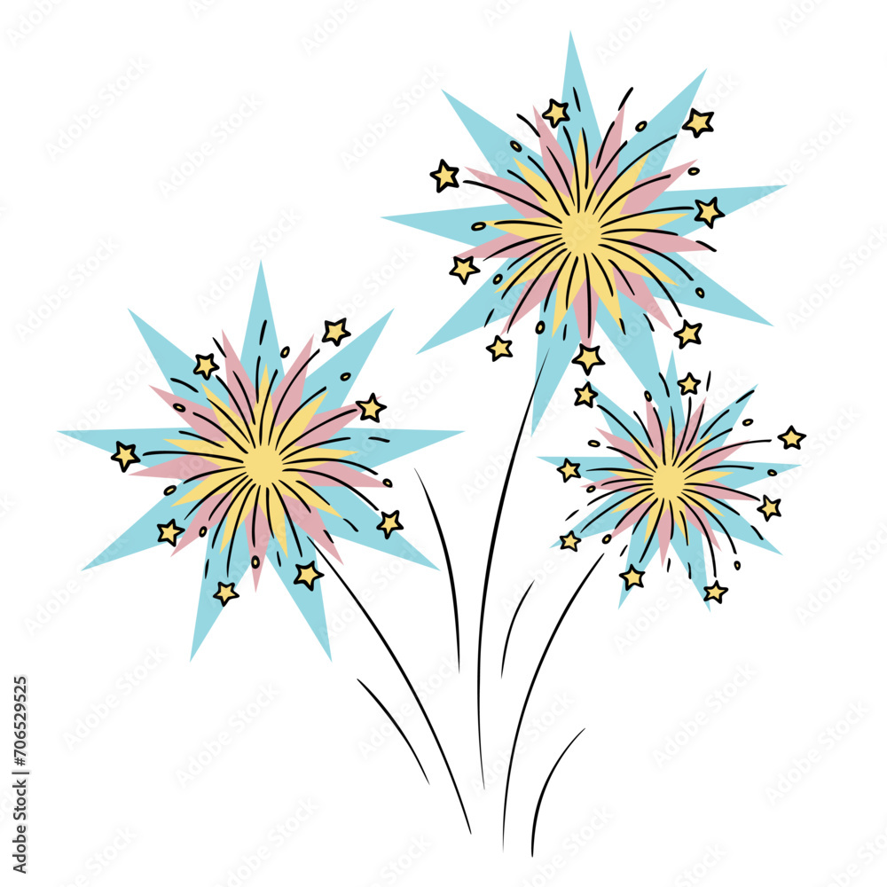 Fireworks. Sparks and yellow stars fly in different directions. A bright flash for a festive event.