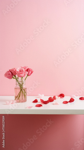 Pink roses in a glass vase on a white shelf with rose petals.