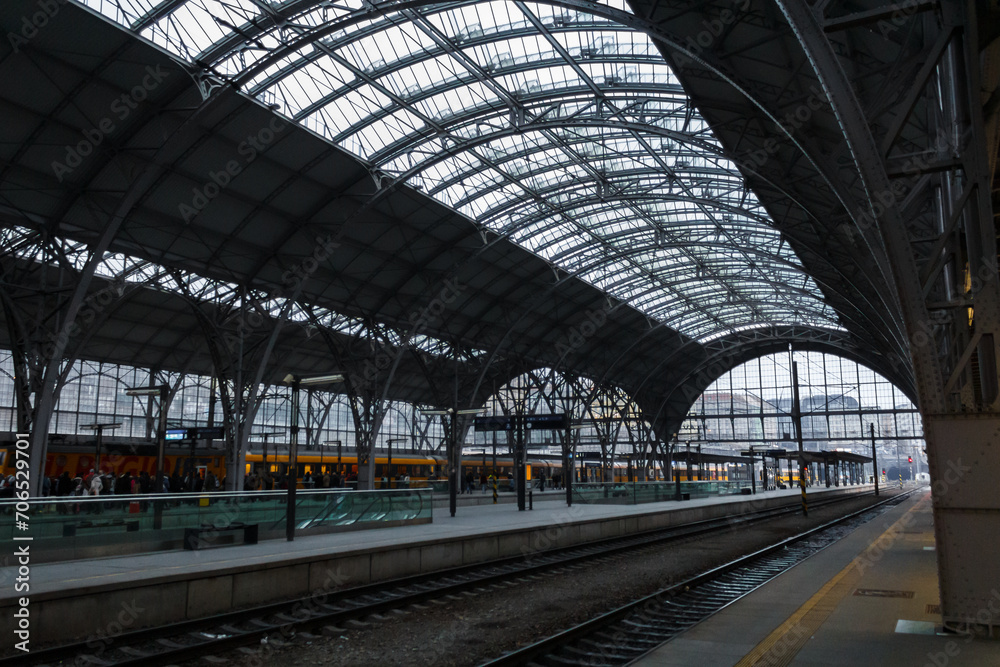 Main railway station in Prague on a winter evenign in december. It's the main complex wheretrains arrive and leave Main railway station in Prague on a winter evenign in december. It's the main complex wheretrains arrive and leave