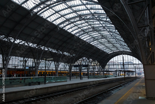 Main railway station in Prague on a winter evenign in december. It's the main complex wheretrains arrive and leave