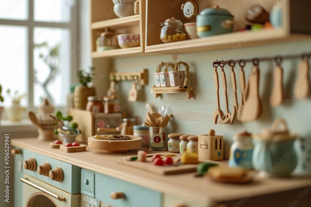 A miniature wooden kitchen set in a playroom, complete with tiny utensils and play food items