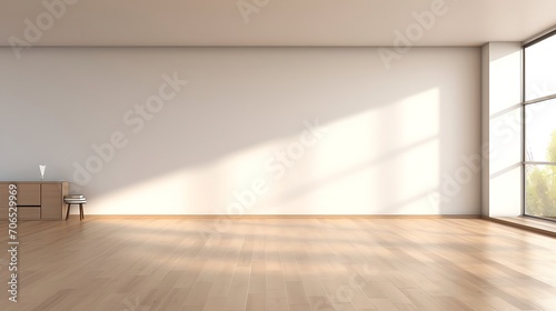 White wall mockup with wood floor. Large window giving a soft shadow on the wall. 3D illustration.