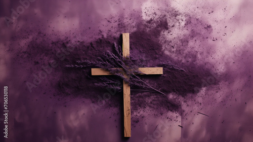 Sacred journey with a purple background featuring a cross adorned with lavender-colored ash, symbolizing Ash Wednesday and the purity of Catholic Easter.