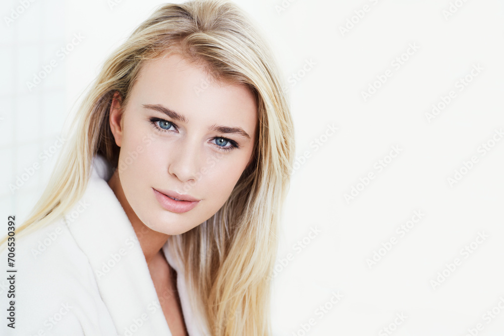 Portrait, woman and blonde on mockup space for makeup, cosmetics or beauty in bathroom at home. Face of attractive, gorgeous or young female person or model in satisfaction for facial spa treatment Portrait, woman and blonde on mockup space for makeup, cosmetics or beauty in bathroom at home. Face of attractive, gorgeous or young female person or model in satisfaction for facial spa treatment