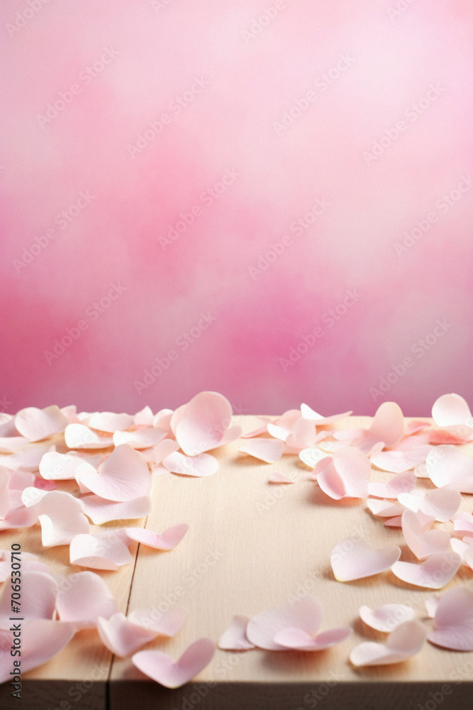Rose petals on wooden table on pink background with copy space. Rose petals on wooden table on pink background with copy space.