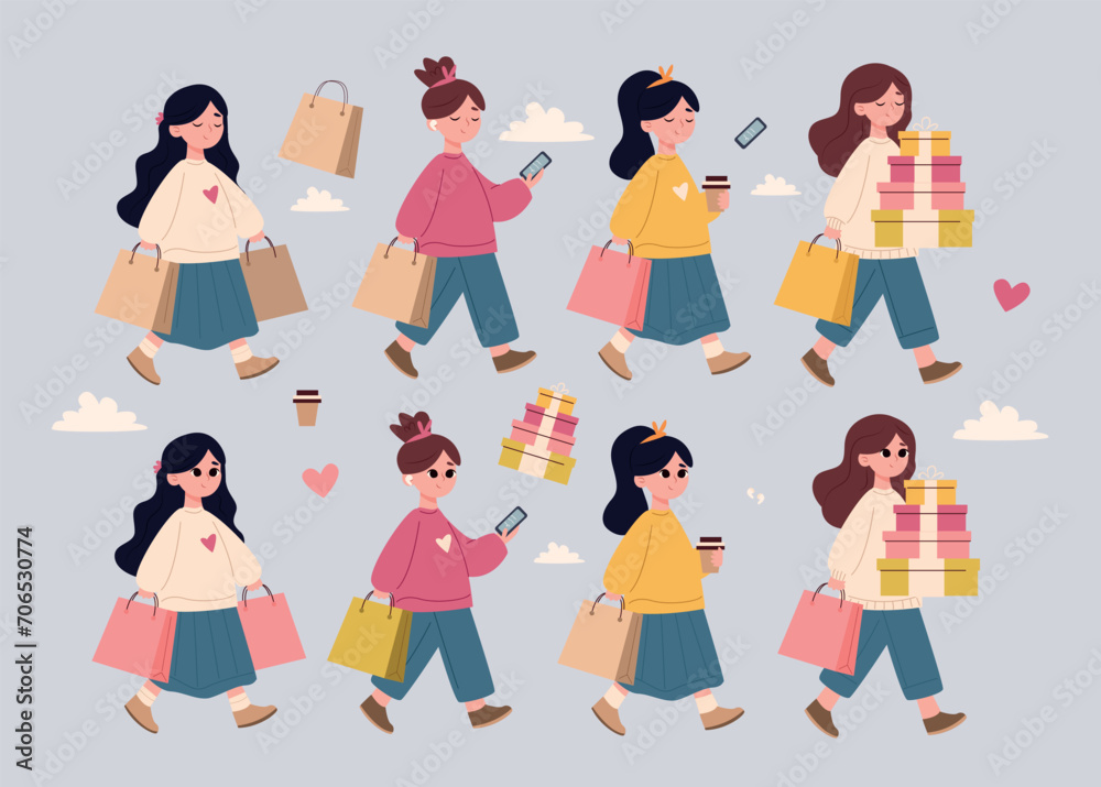 Collection of happy women with shopping bags and gifts. Vector illustration