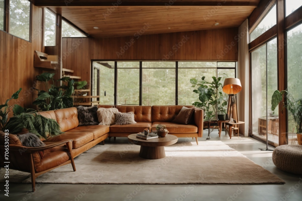 Mid-century loft home interior design of modern living room in house in forest. Mid-century loft home interior design of modern living room in house in forest.