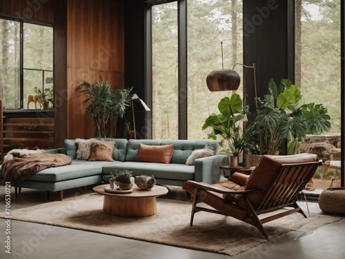 Mid-century loft home interior design of modern living room in house in forest.