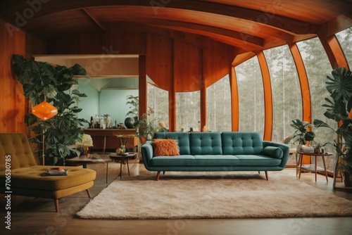 Mid-century loft home interior design of modern living room in house in forest.