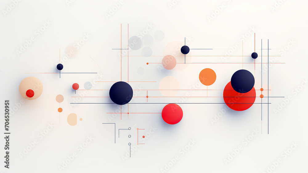 Geometric shapes and lines create a minimalist design with a red, orange and navy color palette.Circles of various sizes are arranged in seemingly random patterns, intersected by thin,clean lines. AI Geometric shapes and lines create a minimalist design with a red, orange and navy color palette.Circles of various sizes are arranged in seemingly random patterns, intersected by thin,clean lines. AI
