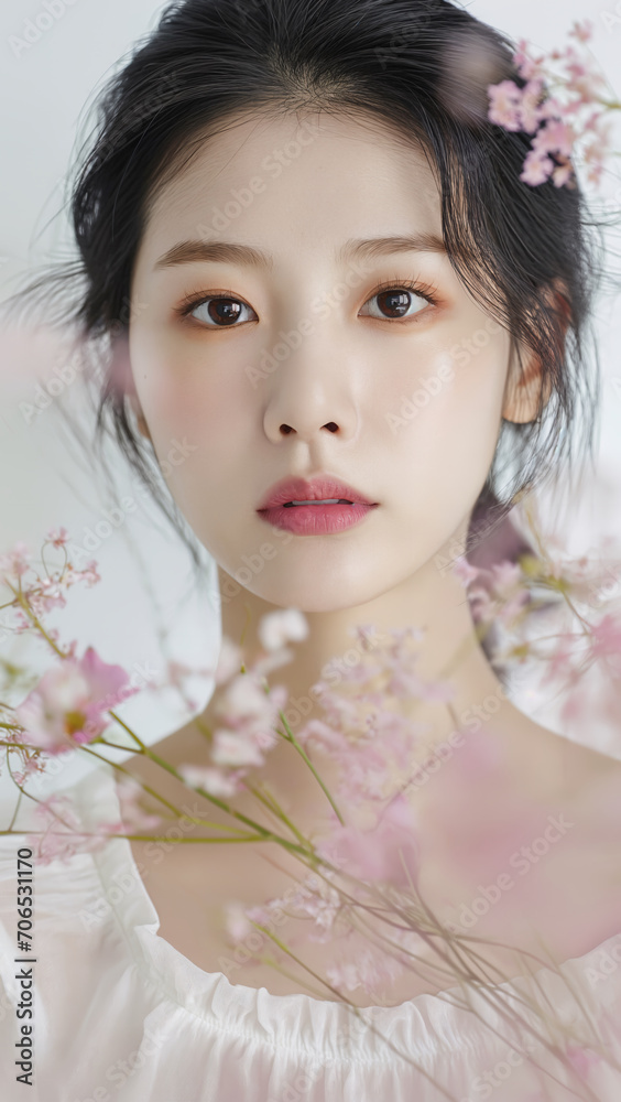 Photo of beautiful korean women with flowers, spa concept, skincare