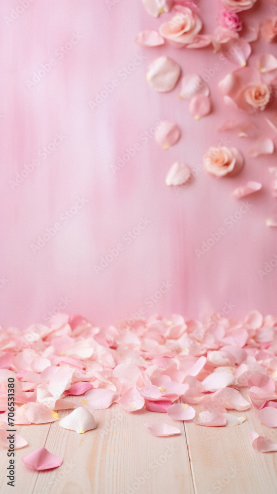 Pink rose petals on wooden table and pink background. Place for text. Pink rose petals on wooden table and pink background. Place for text.