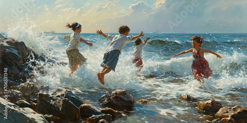 Several children, with outstretched arms, gleefully embrace the wind and savor the invigorating sea breeze while playing on the rocky beach.