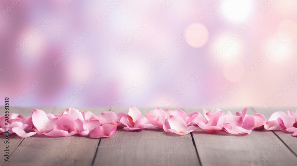 Wooden table with pink rose petals on bokeh background. Wooden table with pink rose petals on bokeh background.