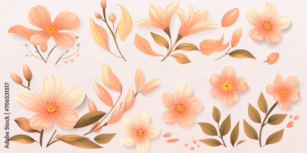 Peach pastel template of flower designs with leaves and petals 