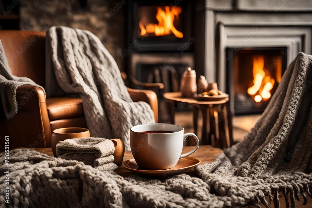 Mug of  tea in cozy living room with fireplace on a chair with blanket