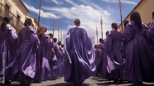 Solemn beauty of Holy Week as procession of penitents clad in purple robes winds through the streets of a quaint town, capturing the essence of a sacred tradition photo