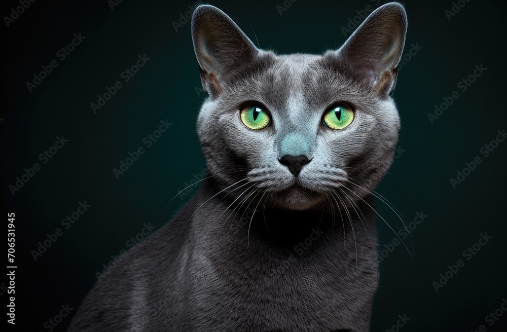 Gray Cat With Green Eyes Looking at Camera