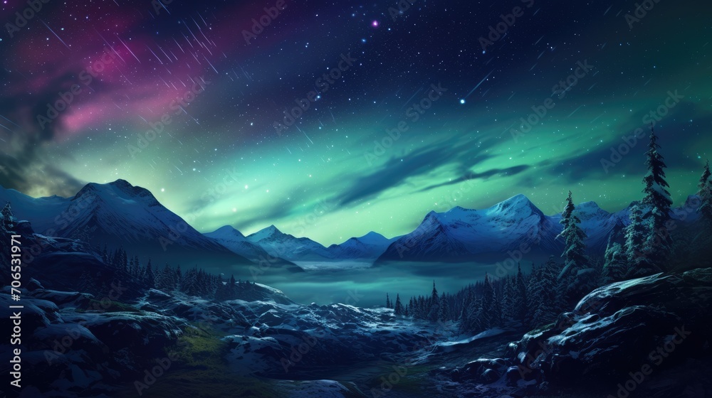 Northern lights over snowy mountains. Aurora borealis with starry in night sky
