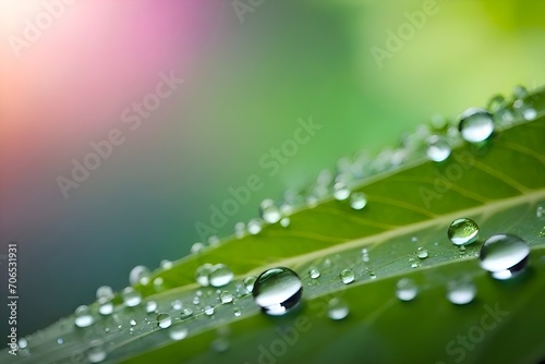 Generative ai. a green leaf with water droplets on it, nature macro, detailed droplets, focus on droplets, dewdrops, dew drops, green rain, water droplets, beautiful macro close-up imagery