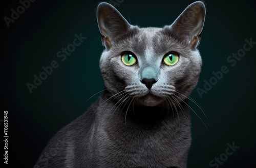 Gray Cat With Green Eyes Looking at Camera © pham