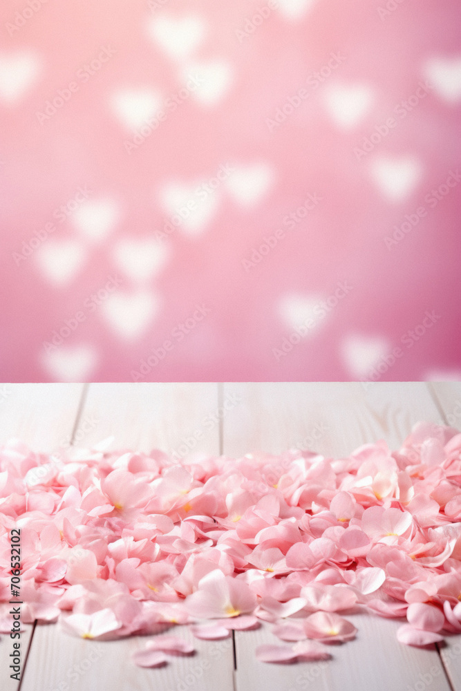 Obraz premium Pink rose petals on white wooden table with heart bokeh background.