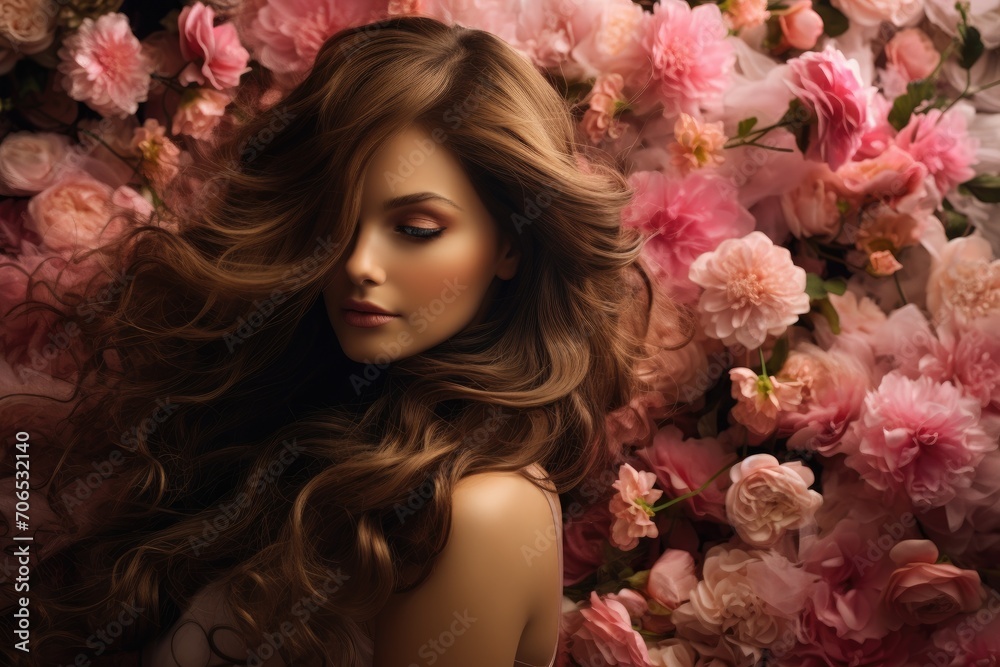 Woman With Exquisite Long Hair Amidst a Beautiful Cluster of Flowers