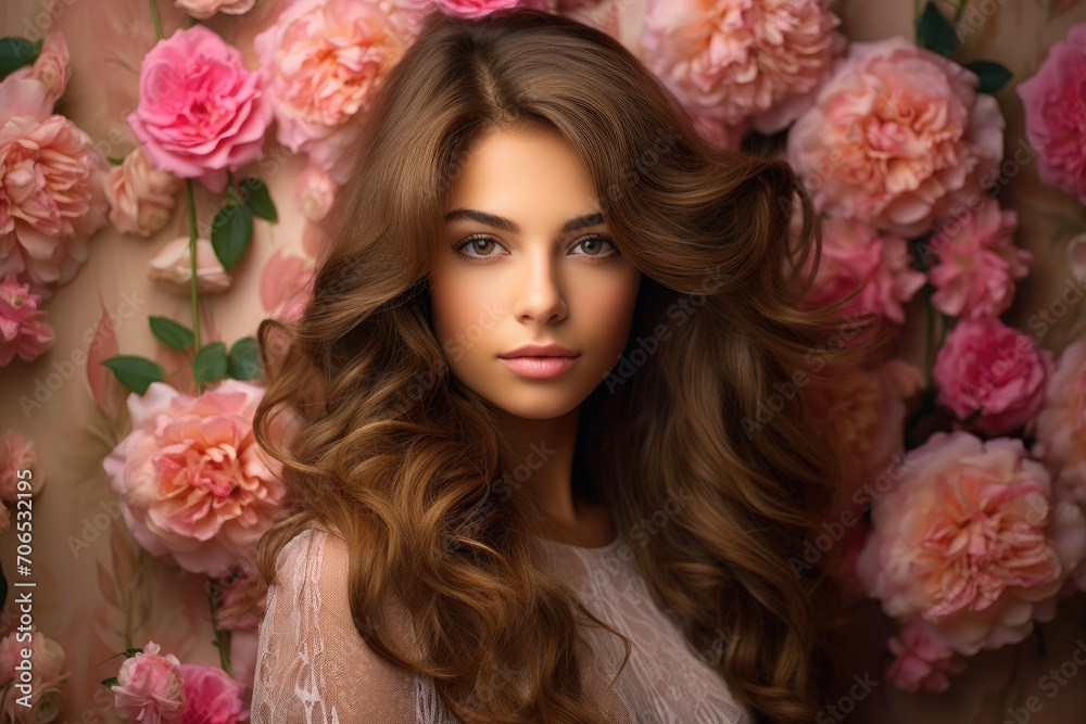Fototapeta premium Woman With Long Hair Standing in Front of Pink Flowers