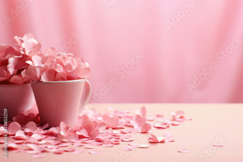 Pink cup of coffee with pink heart shaped petals on pink background.