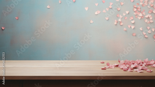 Wooden table top with pink rose petals on blue background.