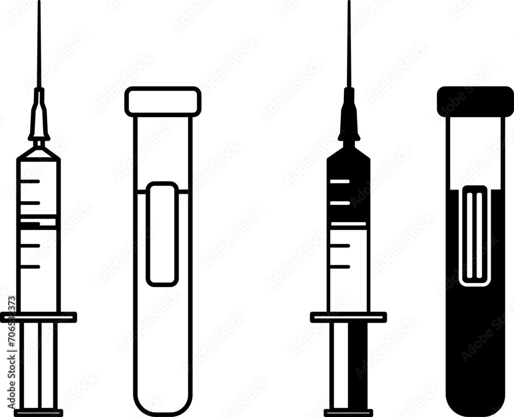 Syringe and Blood Tubes icons. Black and White Medical Icons. Vector Illustration of Blood Test