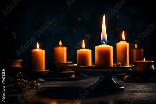 Candles are burning on the candle stand in the dark bluish back background. 