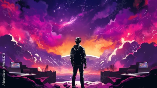 Man Standing in Front of a Purple Sky