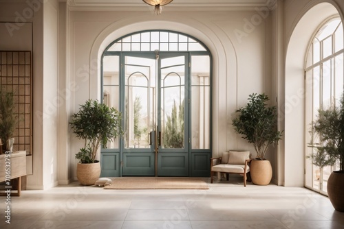 Mediterranean interior design of modern entrance hall with grid door.