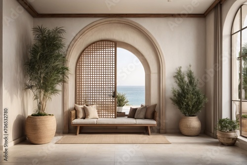 Mediterranean interior design of modern entrance hall with grid door. © Graphic Gem Market