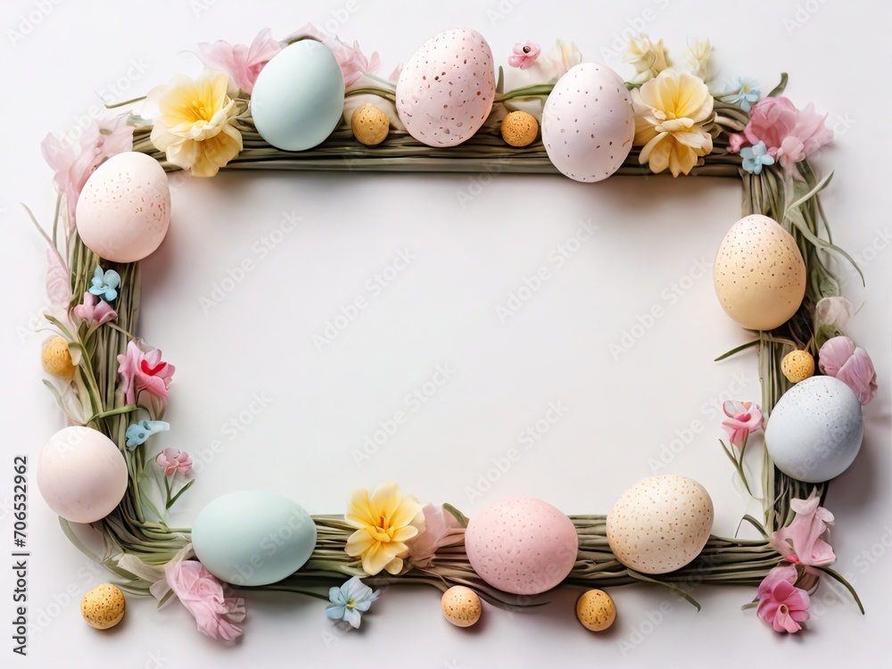 Easter eggs in nest with flowers on white background, top view. Easter card with empty copy space for text and wishes Easter eggs in nest with flowers on white background, top view. Easter card with empty copy space for text and wishes