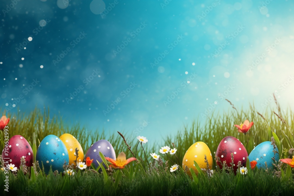 Easter banner with colorful eggs, grass and flowers, with empty copy space Generative AI Easter banner with colorful eggs, grass and flowers, with empty copy space Generative AI