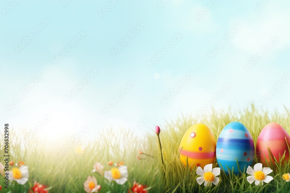 Easter banner with colorful eggs, grass and flowers, with empty copy space Generative AI Easter banner with colorful eggs, grass and flowers, with empty copy space Generative AI
