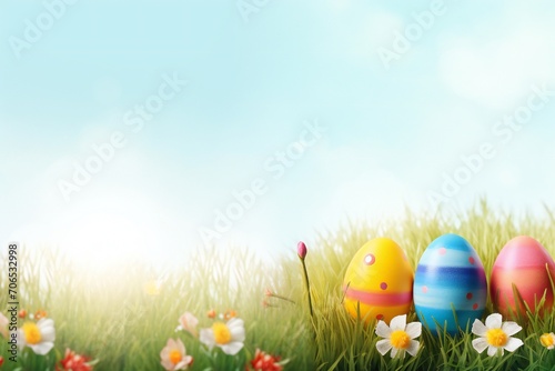 Easter banner with colorful eggs  grass and flowers  with empty copy space Generative AI