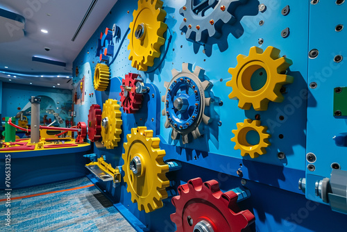 A playroom featuring a wall with magnetic gears and cogs for building and exploring mechanics