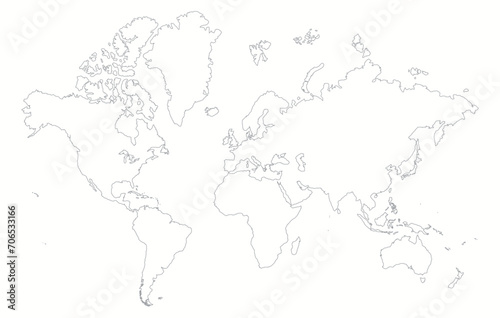 Stylized world map with continents in linear style. World map with all continents in a simple and modern style.