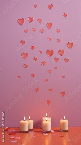 valentines Day background with candles and hearts on pink background.