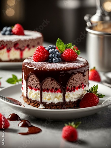  chocolate cheesecakes with cream sauce and berry filling